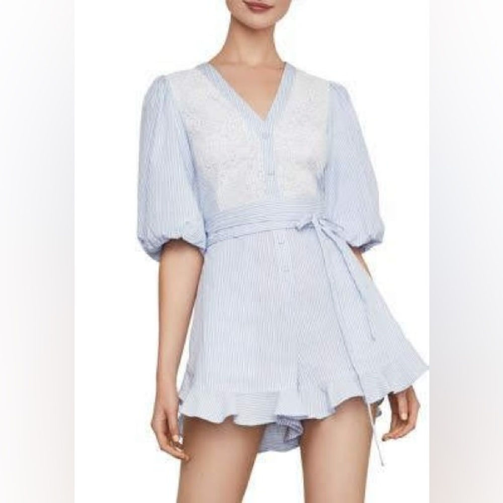 BCBGMaxAzria lace panel blue combo stripped cotton belted romper